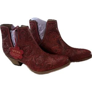 Myra Western Moxie Hand-Tooled Leather Booties Scarlet Sz 11 New